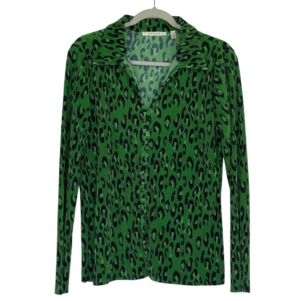 Cyrus Y2K green leopard pleated button up long sleeve retro blouse womens Medium